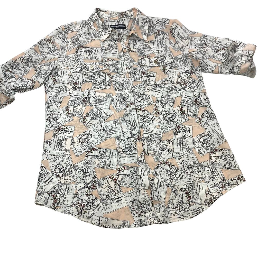 Karl Lagerfeld Paris Vintage Postcard Blouse • Blush Print • Size Small